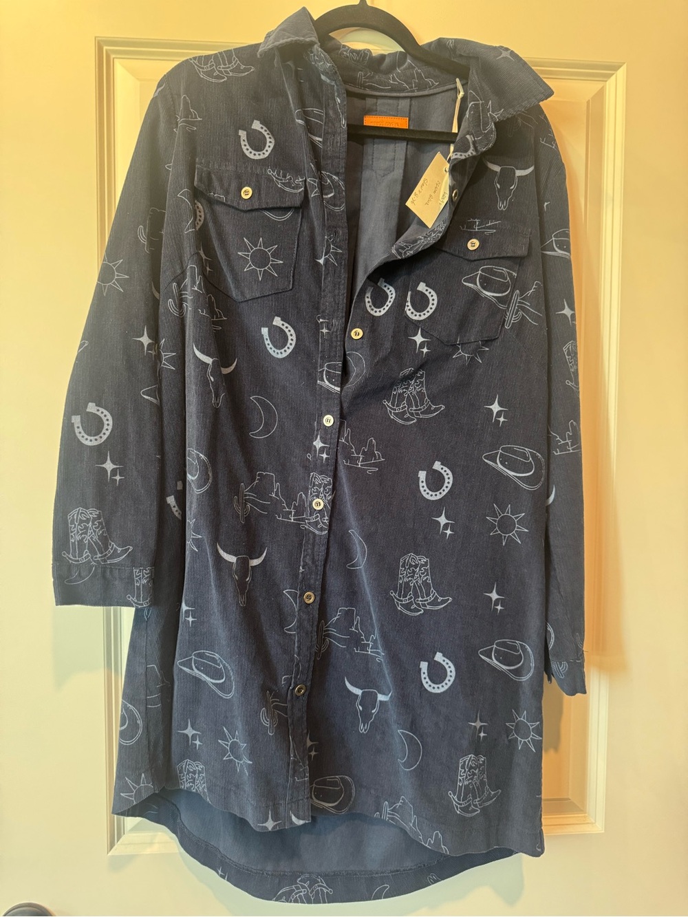 Umgee Navy Western-Print Midi Shirt Dress NWT